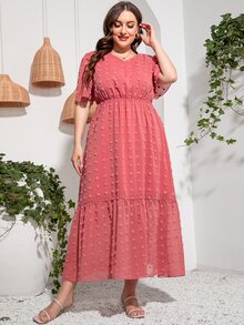 Mulvari Plus Swiss Dot Puff Sleeve Dress - Watermelon Pink - View 4