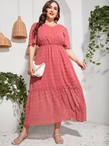 Mulvari Plus Swiss Dot Puff Sleeve Dress - Watermelon Pink - View 5