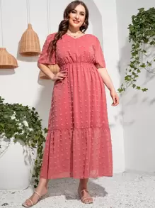Mulvari Plus Swiss Dot Puff Sleeve Dress - Watermelon Pink - View 6
