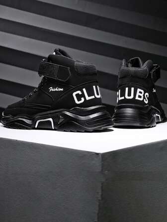 Men Letter Graphic High Top Sneakers, Sport Outdoor Black Chunky Sneakers