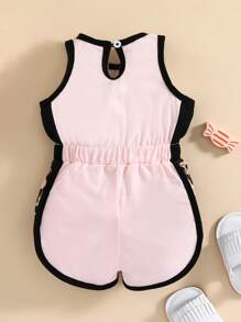 Baby Letter & Geo Print Contrast Binding Romper - Baby Pink - View 2