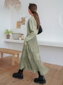 DAZY 高腰褶皱荷叶边下摆半身裙，秋季返校服装 - 薄荷綠 - 查看 2