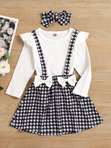 Toddler Girls Ruffle Trim Tee & Houndstooth Pinafore Skirt With Headband - Black and White - View 1