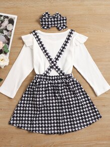 Toddler Girls Ruffle Trim Tee & Houndstooth Pinafore Skirt With Headband - Black and White - View 2