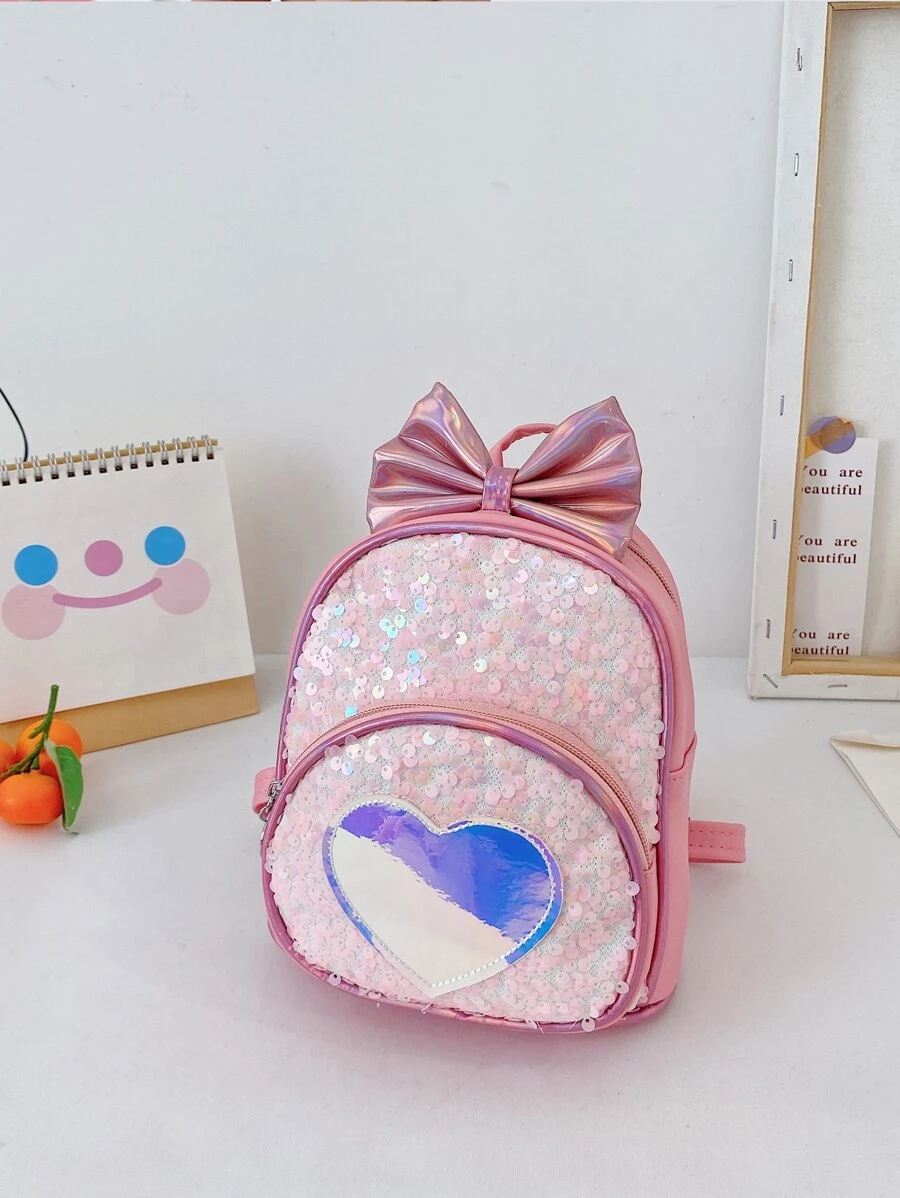 Niñas Mochila clásica con diseño de lazo con estampado de corazón - Rosa - Ver 1