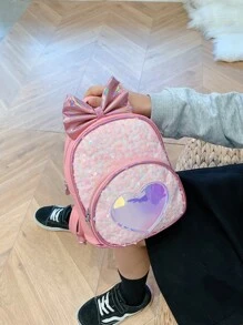Niñas Mochila clásica con diseño de lazo con estampado de corazón - Rosa - Ver 4