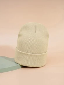 1pc Elastic Knitted Beanie Hat For Men And Women, Street Style Hip-Hop Hat With Letter Design, Unisex - Beige - View 3