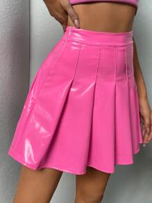 High Waist PU Leather Pleated Skirt - Hot Pink - View 4