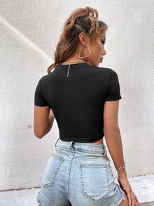 Camiseta corta con estampado de letra - Negro - Ver 2