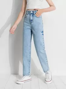 少女高腰水洗直筒牛仔褲 - 淺色水洗藍 - 查看 1