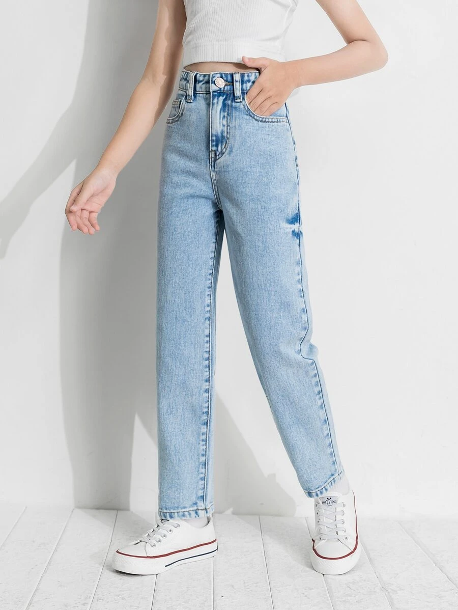 少女高腰水洗直筒牛仔褲 - 淺色水洗藍 - 查看 1