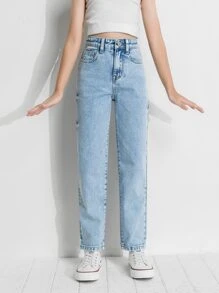 少女高腰水洗直筒牛仔褲 - 淺色水洗藍 - 查看 3