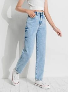 少女高腰水洗直筒牛仔褲 - 淺色水洗藍 - 查看 4