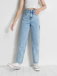 少女高腰水洗直筒牛仔褲 - 淺色水洗藍 - 查看 5