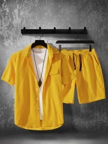 Manfinity Men High Low Hem Shirt & Drawstring Waist Shorts Without Tee - Yellow - View 1