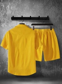 Manfinity Men High Low Hem Shirt & Drawstring Waist Shorts Without Tee - Yellow - View 2