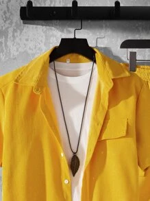 Manfinity Men High Low Hem Shirt & Drawstring Waist Shorts Without Tee - Yellow - View 4