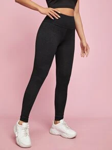SHEIN PETITE High Waisted Marled Knit Leggings - Black - View 3