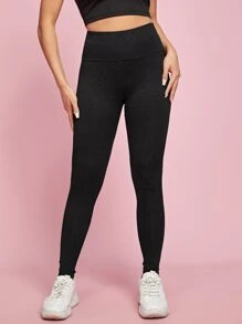 SHEIN PETITE High Waisted Marled Knit Leggings - Black - View 4