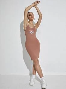 字母圖案撞色滾邊連衣裙 - 藕粉色 - 查看 5