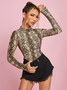 SHEIN PETITE Snakeskin Print Mock Neck Top - Multicolor - View 1
