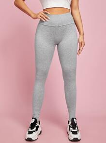 SHEIN PETITE Wide Waistband Solid Leggings - Light Grey - View 4