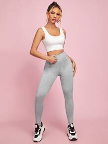 SHEIN PETITE Wide Waistband Solid Leggings - Light Grey - View 5