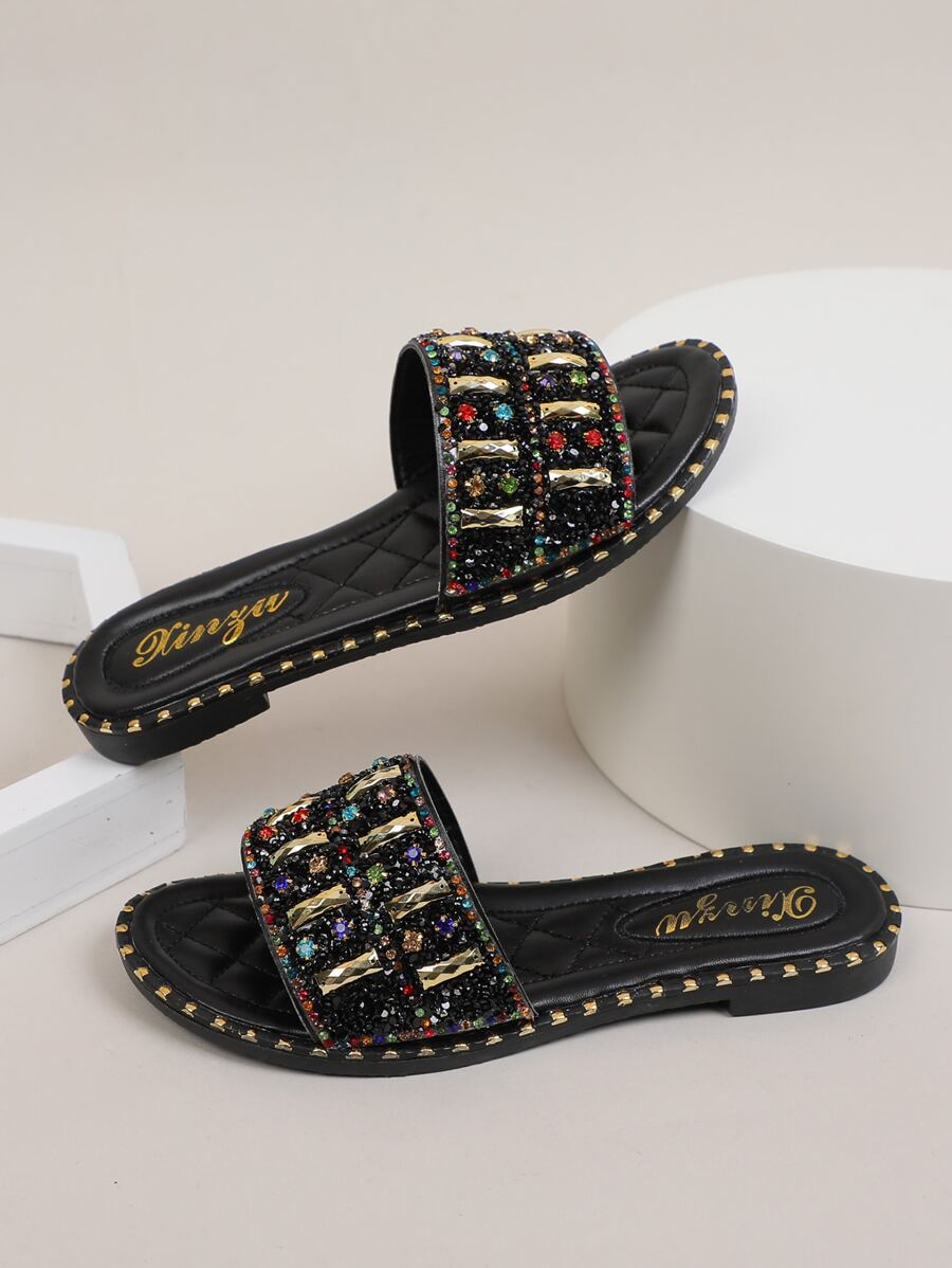 Women's Fashion Slip-On Sandals, 2025 Newest Styles, European-American French Korean Casual Versatile Flat Pearl Rhinestone Embellished Beach Vacation Slippers Valentines - Black - View 1