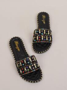 Women's Fashion Slip-On Sandals, 2025 Newest Styles, European-American French Korean Casual Versatile Flat Pearl Rhinestone Embellished Beach Vacation Slippers Valentines - Black - View 3