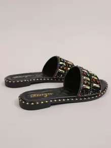 Women's Fashion Slip-On Sandals, 2025 Newest Styles, European-American French Korean Casual Versatile Flat Pearl Rhinestone Embellished Beach Vacation Slippers Valentines - Black - View 4