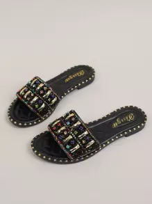 Women's Fashion Slip-On Sandals, 2025 Newest Styles, European-American French Korean Casual Versatile Flat Pearl Rhinestone Embellished Beach Vacation Slippers Valentines - Black - View 5