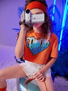 SHEIN Girls Letter Graphic Drop Shoulder T-Shirt - Orange - View 3