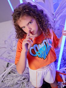 SHEIN Girls Letter Graphic Drop Shoulder T-Shirt - Orange - View 4