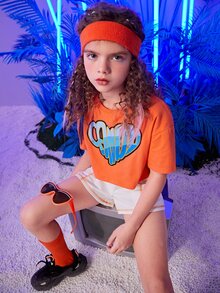 SHEIN Girls Letter Graphic Drop Shoulder T-Shirt - Orange - View 5