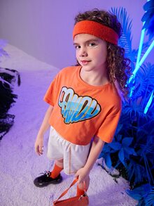 SHEIN Girls Letter Graphic Drop Shoulder T-Shirt - Orange - View 7