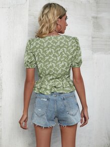 碎花前扭結多層下擺上衣 - 彩色 - 查看 2