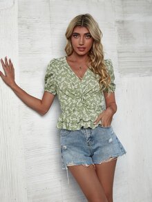 碎花前扭結多層下擺上衣 - 彩色 - 查看 4