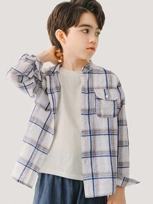 男孩格紋翻蓋口袋襯衫