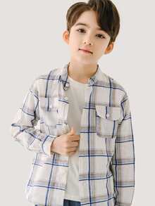 男孩格紋翻蓋口袋襯衫