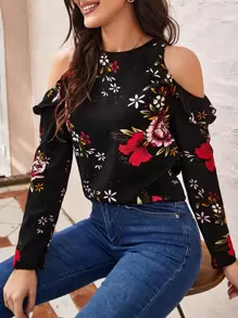 SHEIN Clasi Top de hombros descubiertos con estampado floral - Multicolor - Ver 1