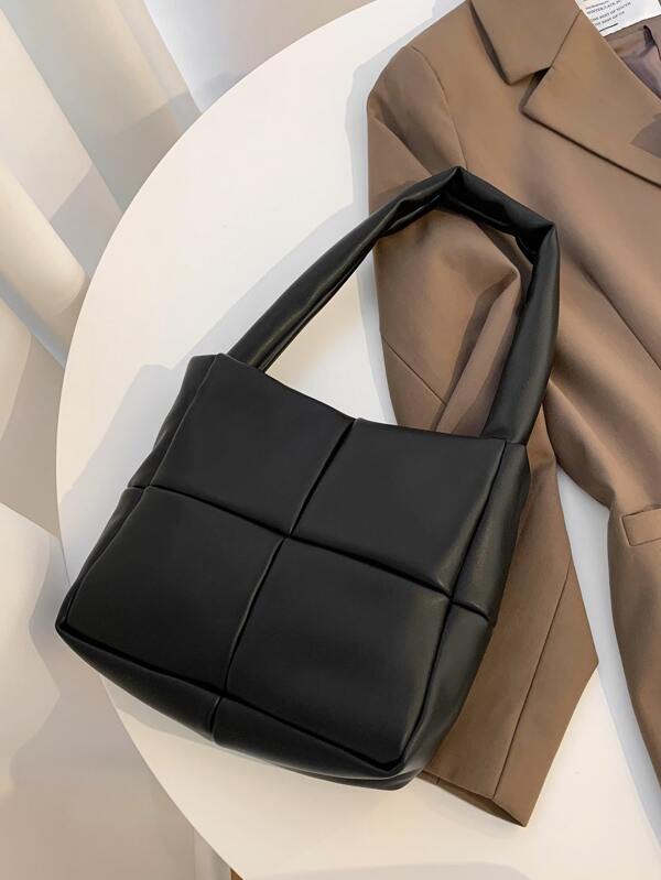 Soft Fabric Shoulder Bag, Mini Black Geometric Design Pu Leather With Simple And Casual Style, Suitable For University Students, Office Workers' Daily Commute Or Outdoor Traveling, For A Quick And Easy Storage Solution For Women