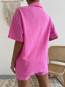 SHEIN Unity Solid Pocket Patched Drop Shoulder Blouse & Shorts - Hot Pink - View 2