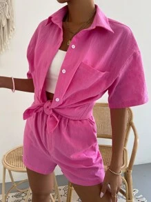 SHEIN Unity Solid Pocket Patched Drop Shoulder Blouse & Shorts - Hot Pink - View 3