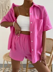 SHEIN Unity Solid Pocket Patched Drop Shoulder Blouse & Shorts - Hot Pink - View 4