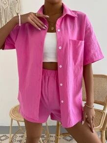 SHEIN Unity Solid Pocket Patched Drop Shoulder Blouse & Shorts - Hot Pink - View 5