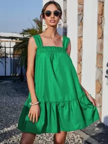 Ruffle Hem Knot Detail Frill Trim Dress - Green - View 6