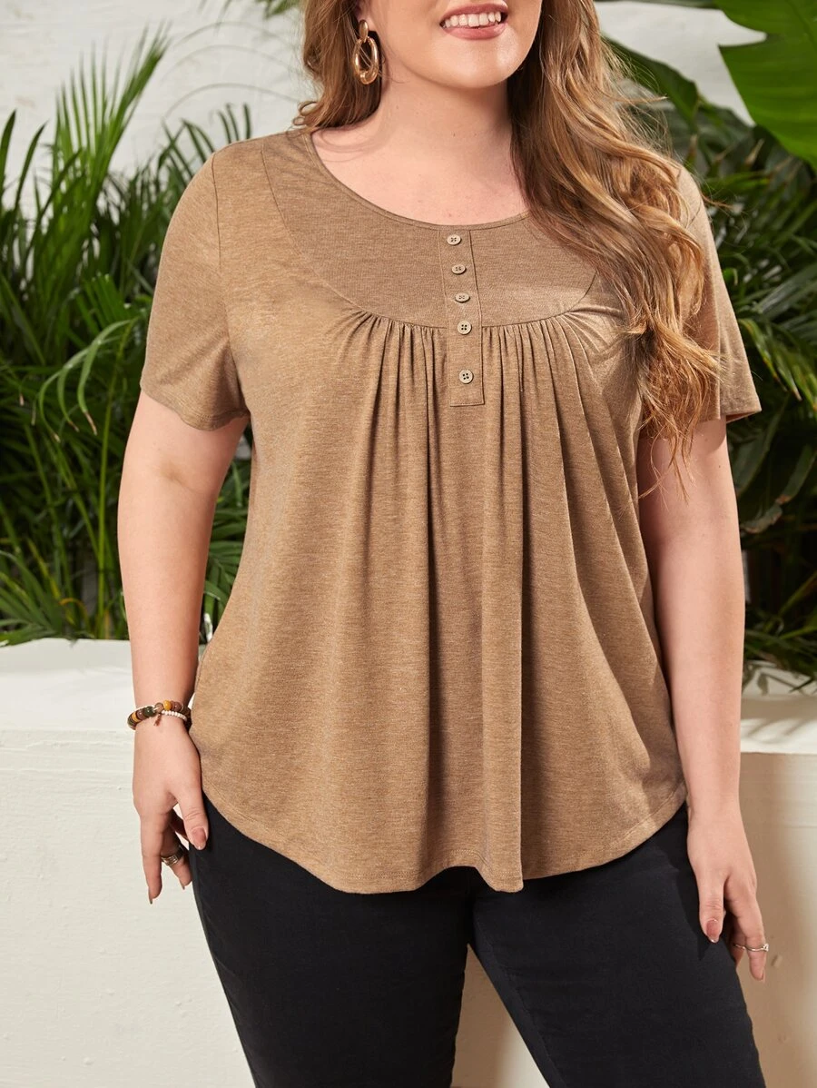Camiseta unicolor con botón delantero - Marrón - Ver 1