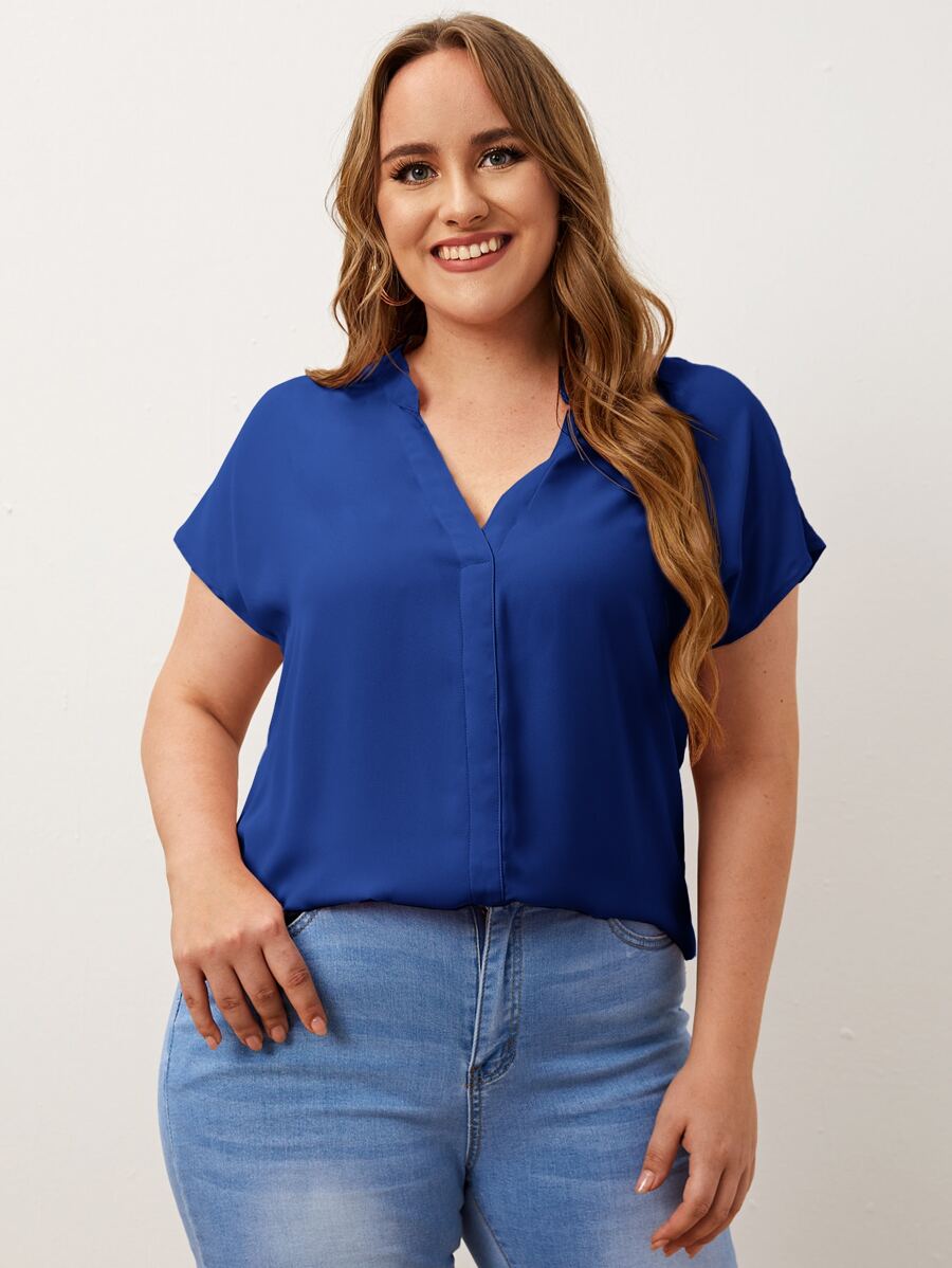 SHEIN LUNE Plus Notched Neck Top - Blue - View 1