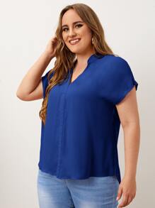 SHEIN LUNE Plus Notched Neck Top - Blue - View 3