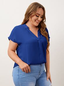 SHEIN LUNE Plus Notched Neck Top - Blue - View 5